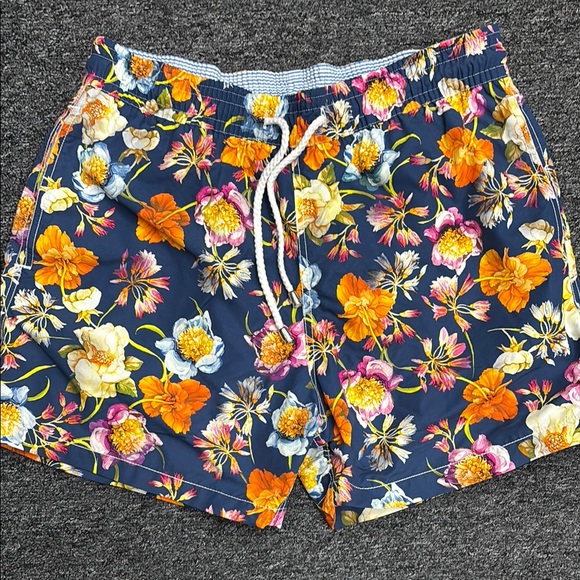 Floral Men's Swim Trunks - Navy and Orange - Picture 1 of 9
